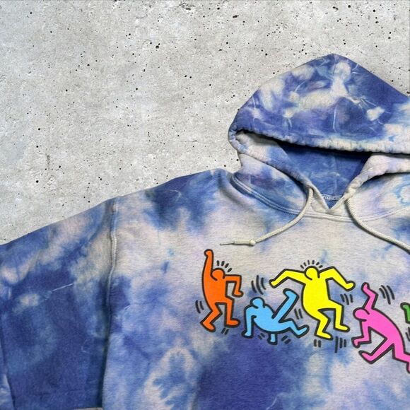 Keith Haring x Ripple Junction Tie Dye Hoodie Medium Dancing Figures Blue Sz M - Picture 3 of 8
